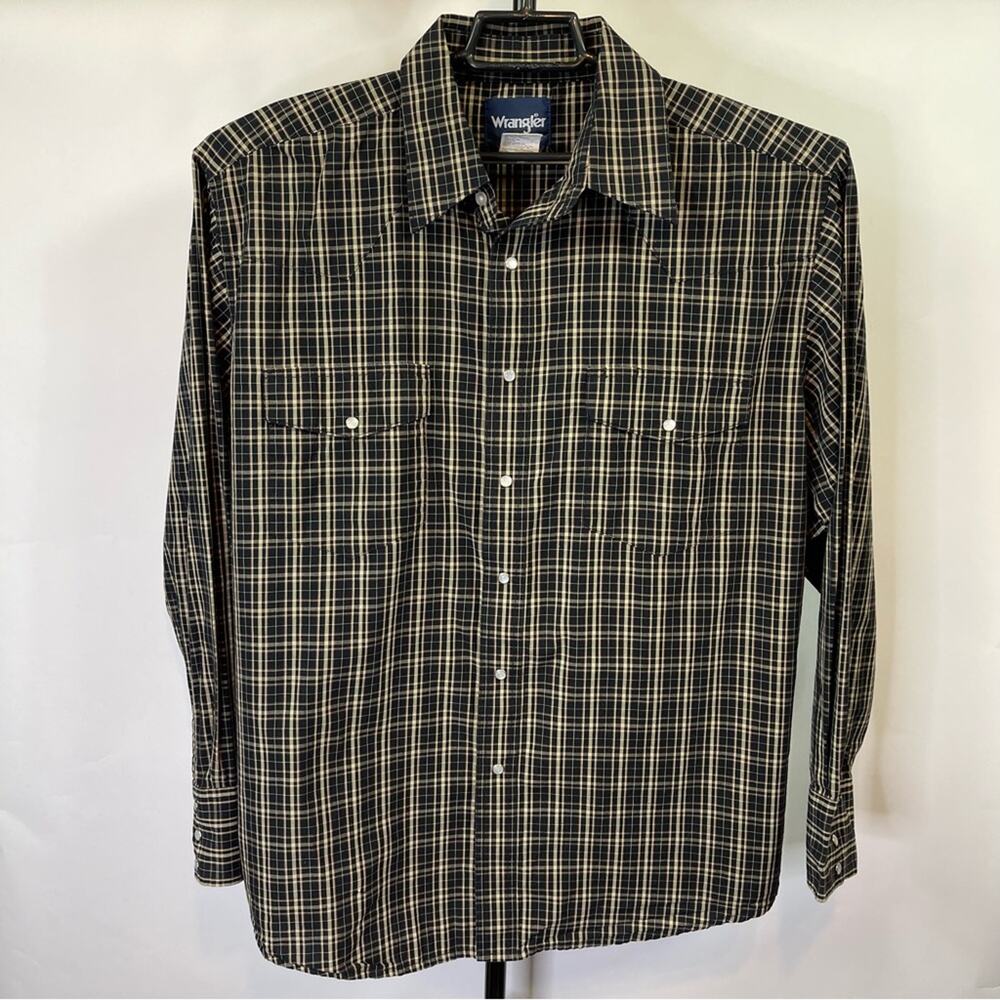 Wrangler Black Tan Plaid Pearl Snap Long Sleeve Shirt Size XL Men’s
